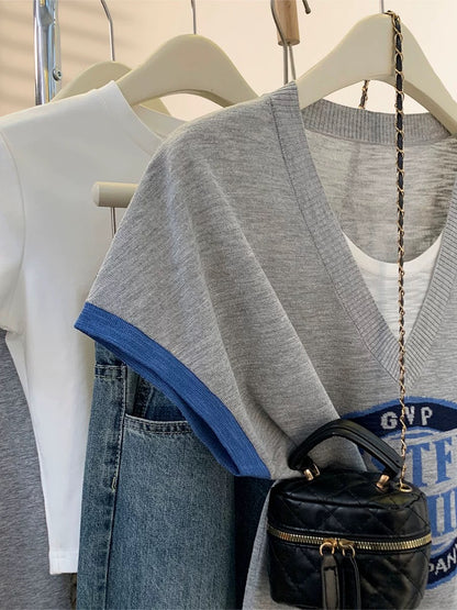 Ice silk knitted short-sleeved T-shirt for women summer 2025 new summer women's clothing fake two-piece thin small flying sleeve straight shoulder top