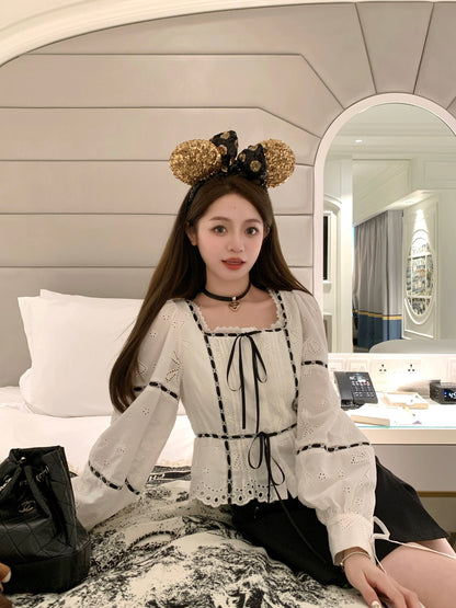 FF BLUE Milk Cover Salt Tea Retro Square Neck Bow Tie Cotton Shirt Puff Sleeve Hollow Air Quality Top