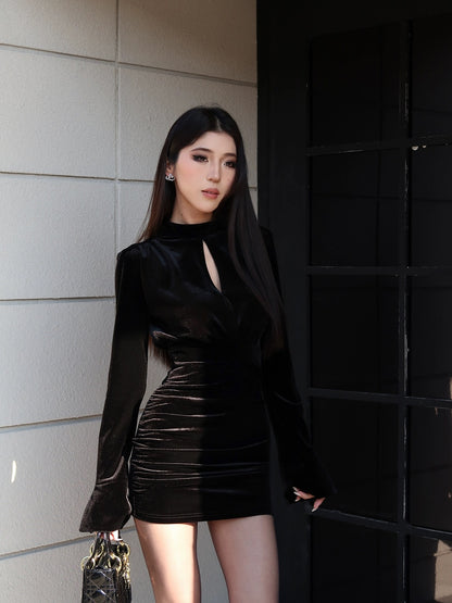 Luo Ge's Wool Roll "Limited Time 30% Off" French Hot Girl Royal Sister High-Quality Black Velvet Dress for Women