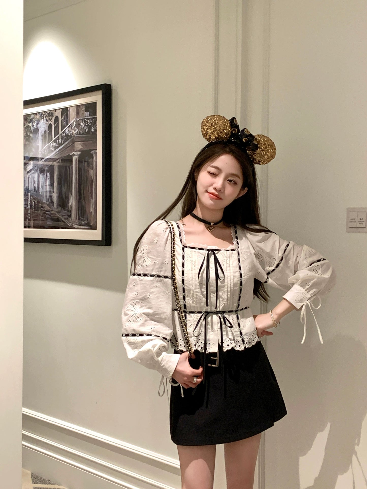 FF BLUE Milk Cover Salt Tea Retro Square Neck Bow Tie Cotton Shirt Puff Sleeve Hollow Air Quality Top