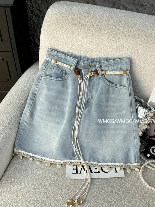 Light blue denim skirt for women 2025 new style Bohemian ethnic style A-line slim high waist hip skirt