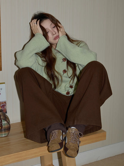 Chaochao's Green Sweater for Women, Thickened Winter Collared Top, Loose Knit Cardigan, Can Be Worn Outerwear