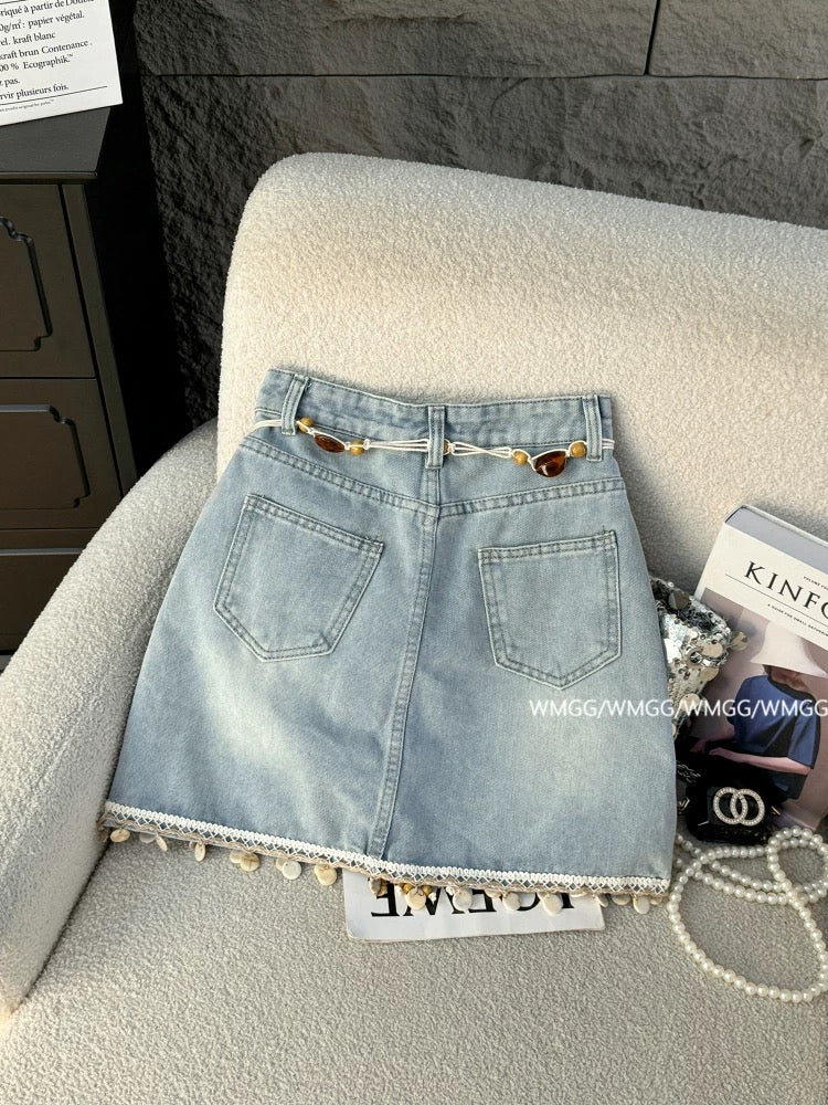 Light blue denim skirt for women 2025 new style Bohemian ethnic style A-line slim high waist hip skirt