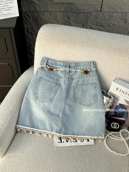 Light blue denim skirt for women 2025 new style Bohemian ethnic style A-line slim high waist hip skirt