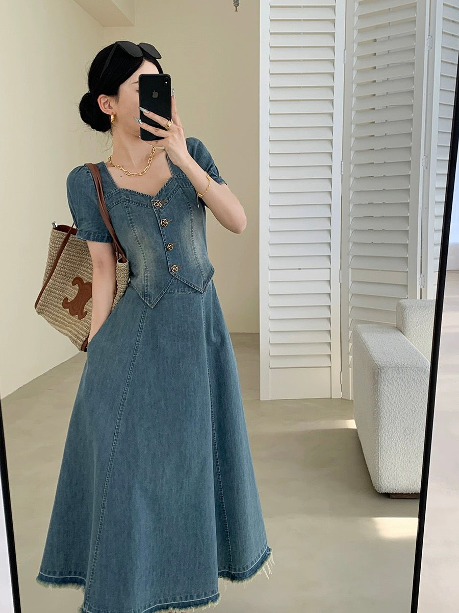 FT GUOGE blue denim dress for women 2024 new summer fake two-piece waist slimming square neck long skirt