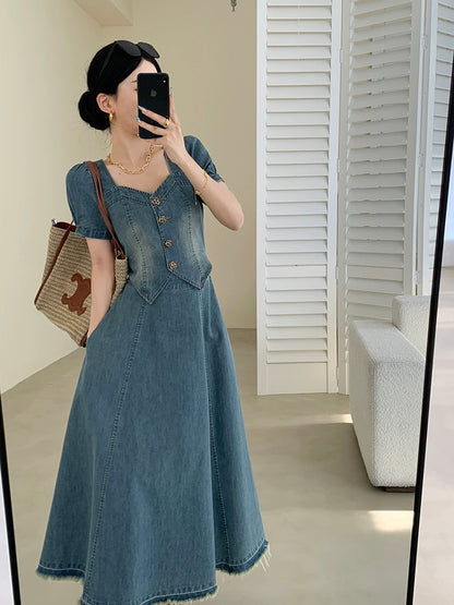 FT GUOGE blue denim dress for women 2024 new summer fake two-piece waist slimming square neck long skirt