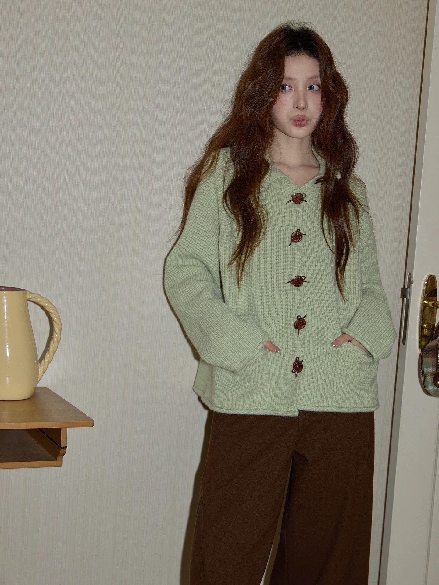 Chaochao's Green Sweater for Women, Thickened Winter Collared Top, Loose Knit Cardigan, Can Be Worn Outerwear