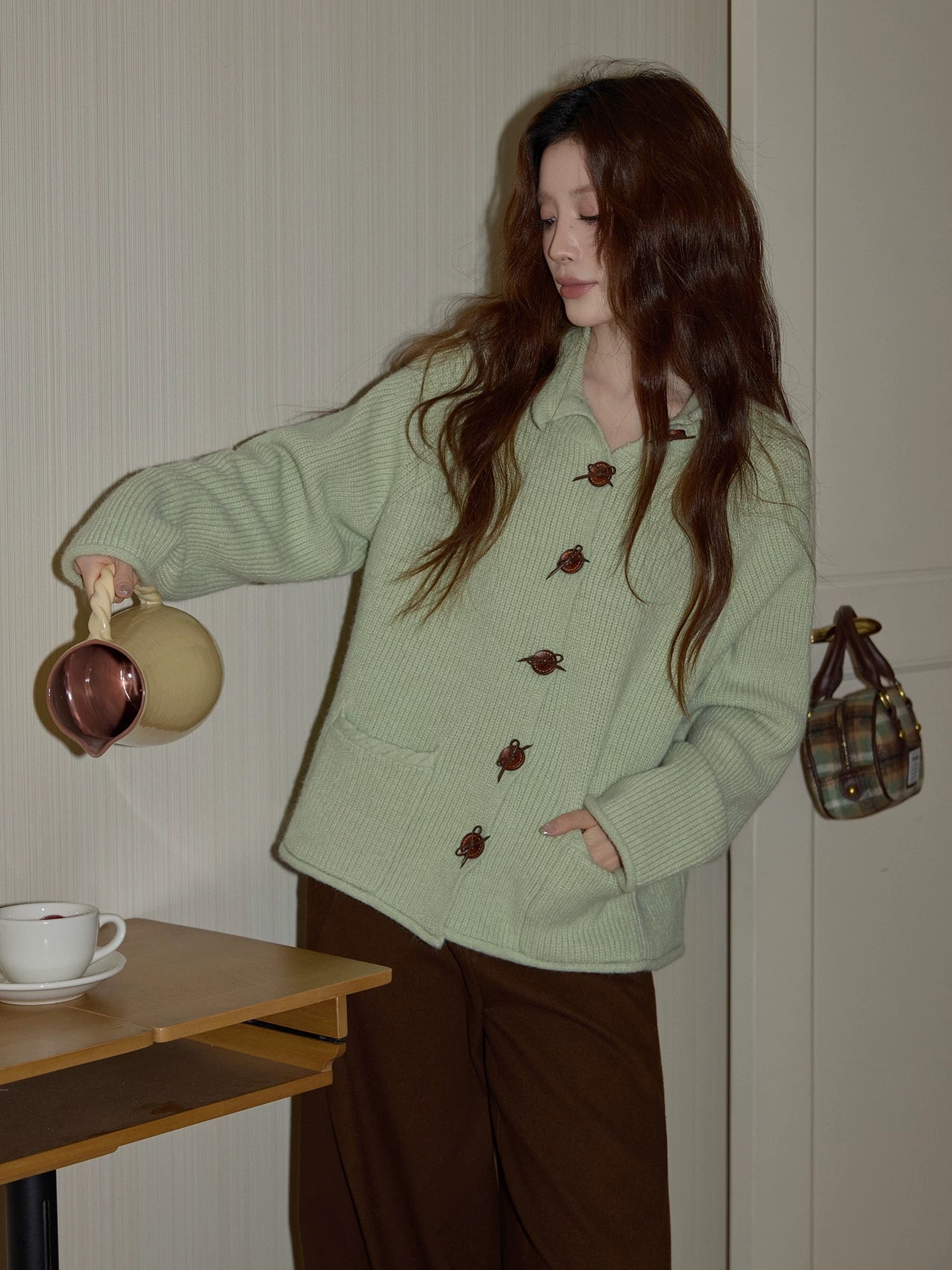 Chaochao's Green Sweater for Women, Thickened Winter Collared Top, Loose Knit Cardigan, Can Be Worn Outerwear