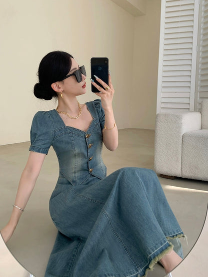 FT GUOGE blue denim dress for women 2024 new summer fake two-piece waist slimming square neck long skirt