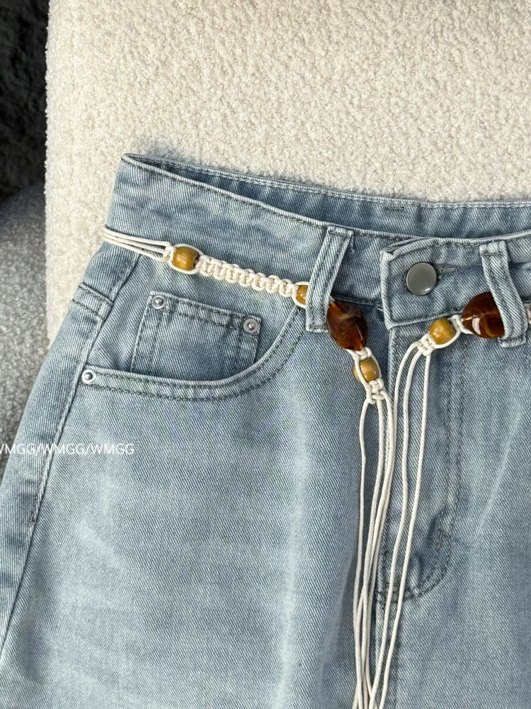 Light blue denim skirt for women 2025 new style Bohemian ethnic style A-line slim high waist hip skirt