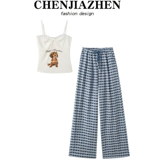 CHENJIAZHEN Korean casual pure desire hot girl style suspenders wide leg pants fashion two piece suit pants women summer