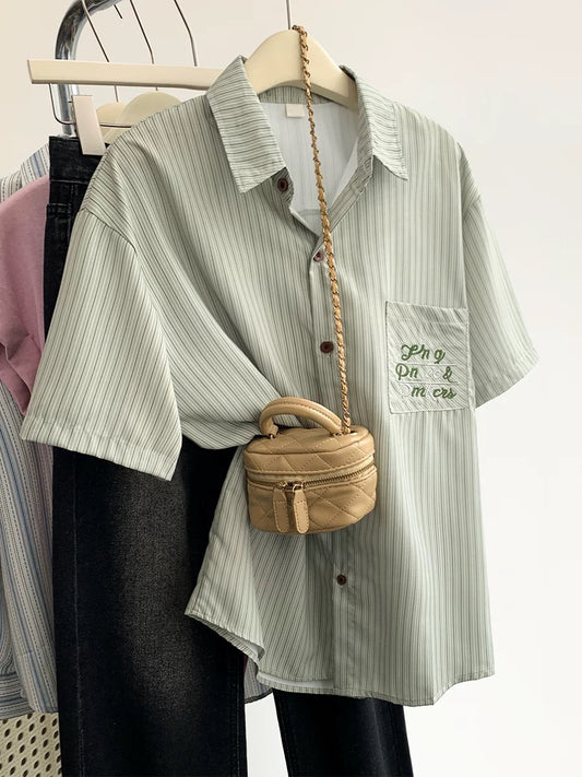 Green striped French polo collar shirt short-sleeved shirt women's summer 2025 new college style half-sleeved top