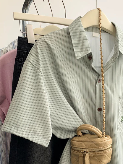 Green striped French polo collar shirt short-sleeved shirt women's summer 2025 new college style half-sleeved top