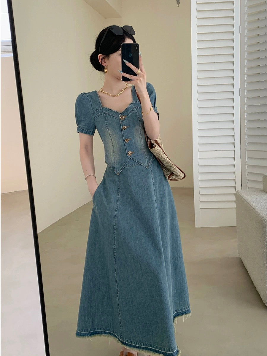 FT GUOGE blue denim dress for women 2024 new summer fake two-piece waist slimming square neck long skirt
