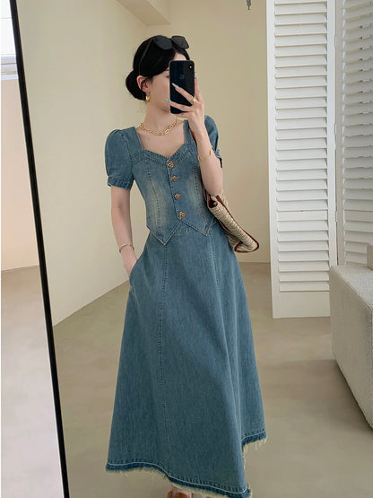 FT GUOGE blue denim dress for women 2024 new summer fake two-piece waist slimming square neck long skirt