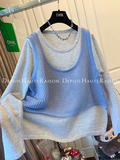 DHR unique design hollow vest vest fake two-piece long-sleeved T-shirt sweater loose top women's early autumn