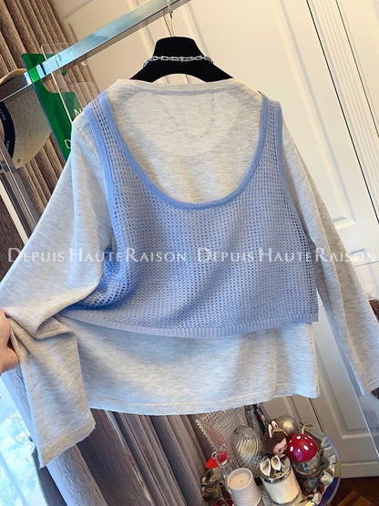 DHR unique design hollow vest vest fake two-piece long-sleeved T-shirt sweater loose top women's early autumn