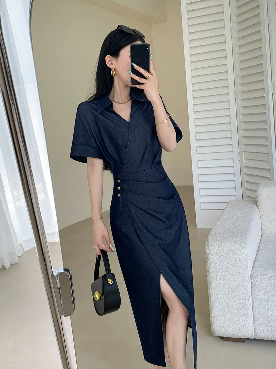 Guo Ge's imitation denim dress 2024 new summer style high-end waist slimming goddess style commuter long skirt