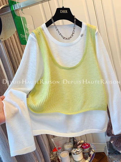 DHR unique design hollow vest vest fake two-piece long-sleeved T-shirt sweater loose top women's early autumn