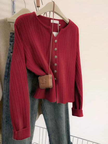 Oatmeal color v-neck shoulder bottoming sweater for women autumn and winter new small size split knitted sweater inner bottoming shirt
