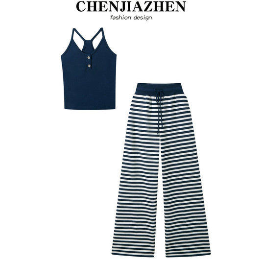 CHENJIAZHEN Korean retro hot girl style age-reducing suspender vest wide-leg pants two-piece suit pants women's summer