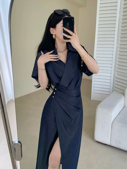 Guo Ge's imitation denim dress 2024 new summer style high-end waist slimming goddess style commuter long skirt