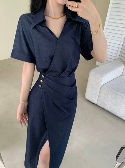 Guo Ge's imitation denim dress 2024 new summer style high-end waist slimming goddess style commuter long skirt