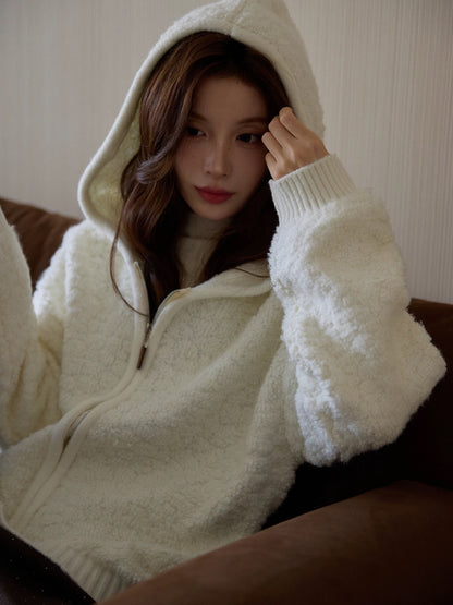 Chaochao Home Women's Winter Fleece Jacket, White Fleece-lined Cardigan, Thick Hooded Fur Knit Top