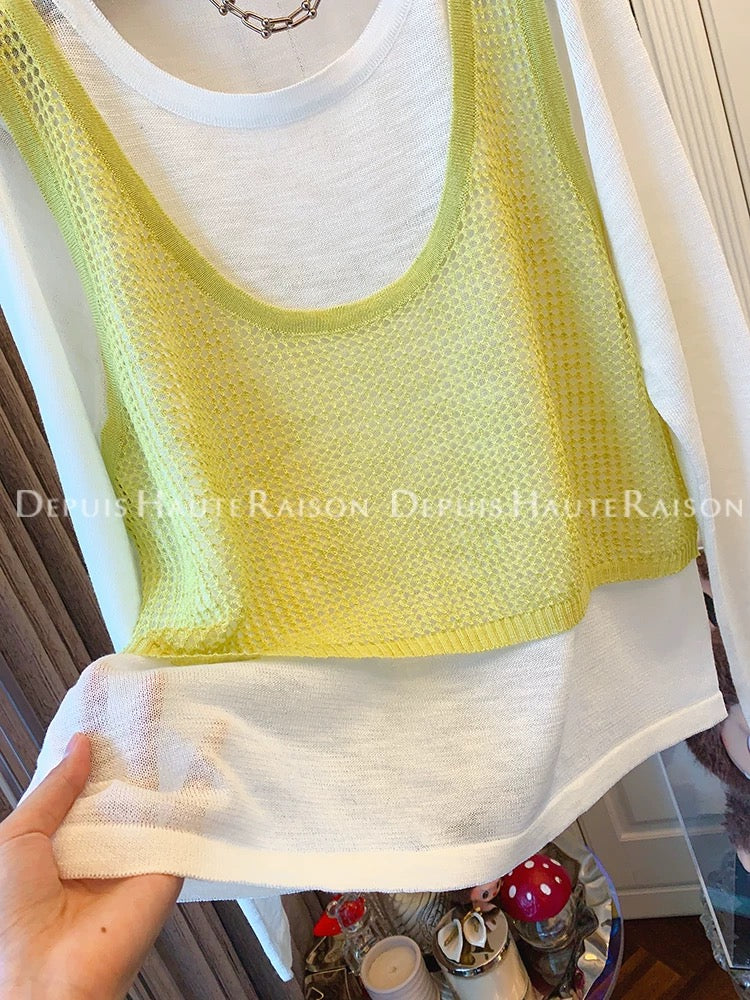 DHR unique design hollow vest vest fake two-piece long-sleeved T-shirt sweater loose top women's early autumn