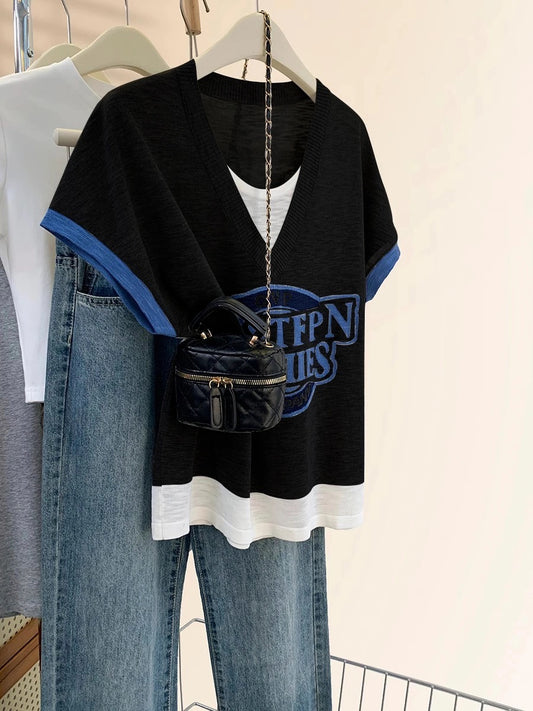 Ice silk knitted short-sleeved T-shirt for women summer 2025 new summer wear for small size fake two-piece thin straight shoulder sleeveless top