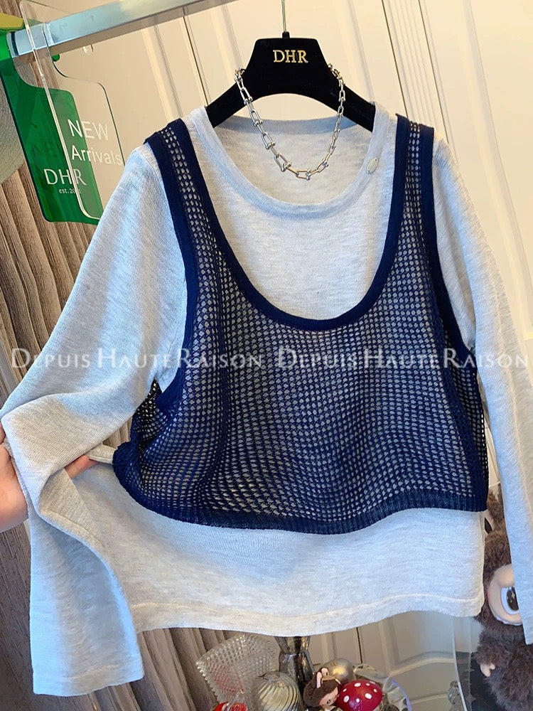 DHR unique design hollow vest vest fake two-piece long-sleeved T-shirt sweater loose top women's early autumn