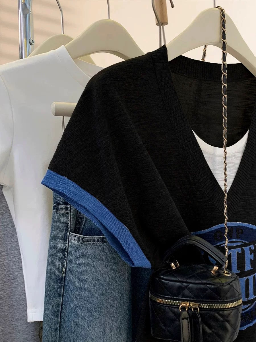 Ice silk knitted short-sleeved T-shirt for women summer 2025 new summer wear for small size fake two-piece thin straight shoulder sleeveless top