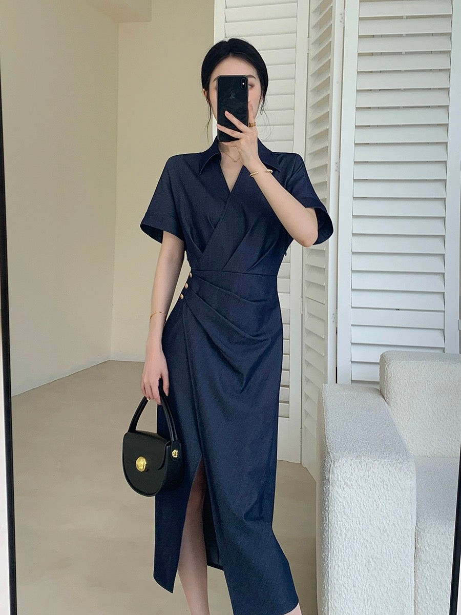 Guo Ge's imitation denim dress 2024 new summer style high-end waist slimming goddess style commuter long skirt