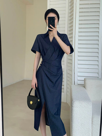 Guo Ge's imitation denim dress 2024 new summer style high-end waist slimming goddess style commuter long skirt
