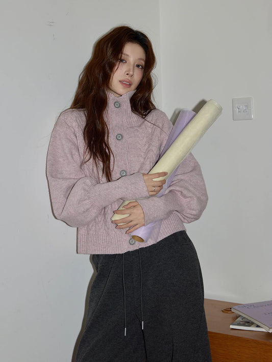 Chaochao's Pink Sweater for Women, Winter High-Neck Short Lantern Sleeve Top, Thick, Soft and Cozy Knitted Cardigan