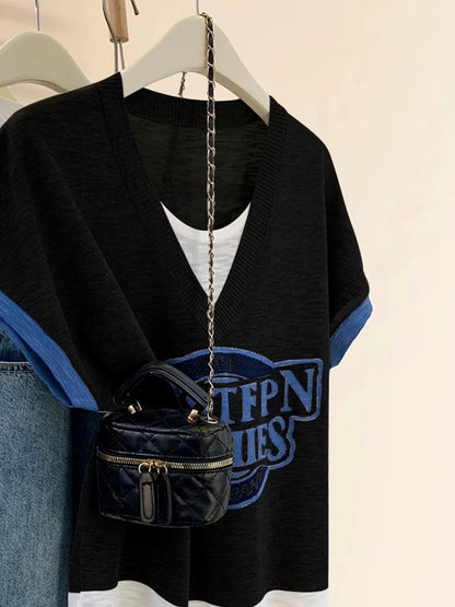 Ice silk knitted short-sleeved T-shirt for women summer 2025 new summer wear for small size fake two-piece thin straight shoulder sleeveless top