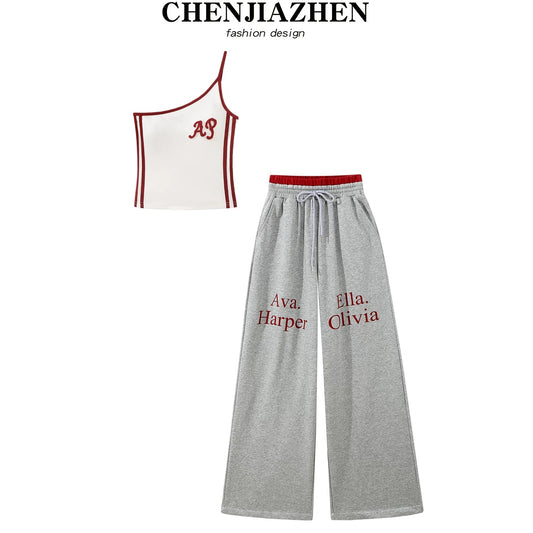 CHENJIAZHEN Korean design pure desire hot girl style oblique shoulder suspenders wide leg pants two-piece suit female summer