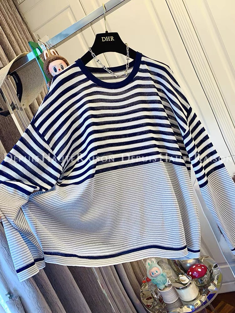 DHR design temperament striped ice linen long-sleeved sweater sunscreen cardigan loose large version thin top summer wear