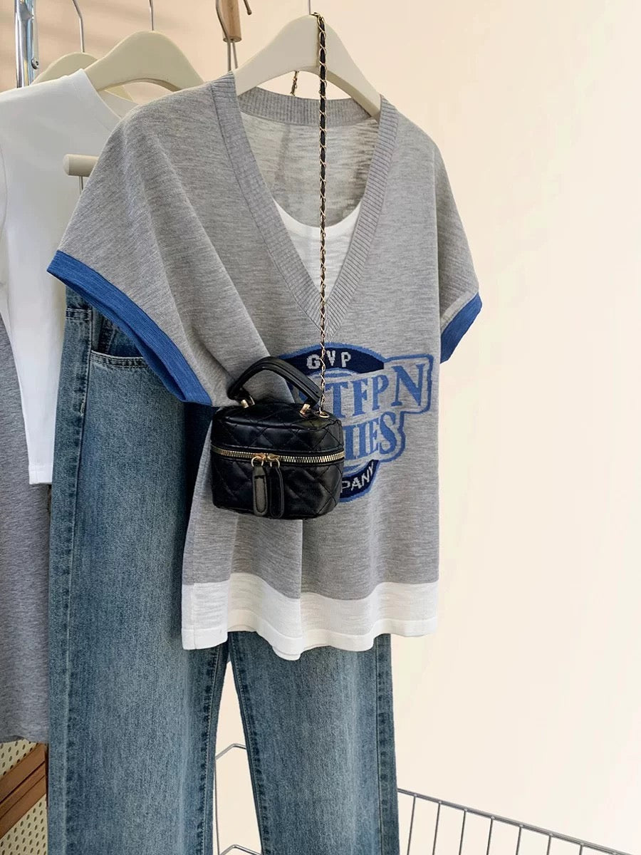 Ice silk knitted short-sleeved T-shirt for women summer 2025 new summer wear for small size fake two-piece thin straight shoulder sleeveless top