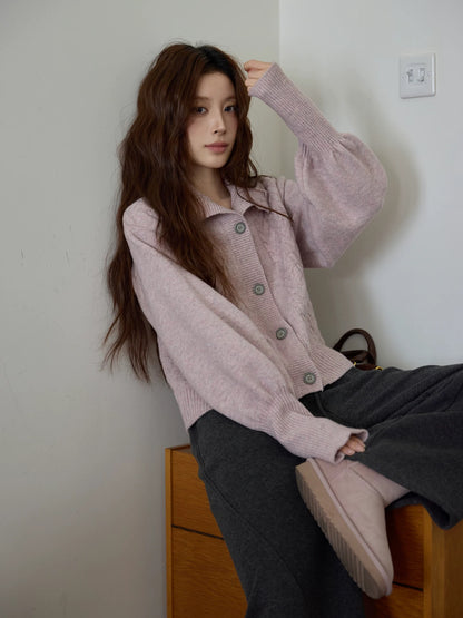 Chaochao's Pink Sweater for Women, Winter High-Neck Short Lantern Sleeve Top, Thick, Soft and Cozy Knitted Cardigan