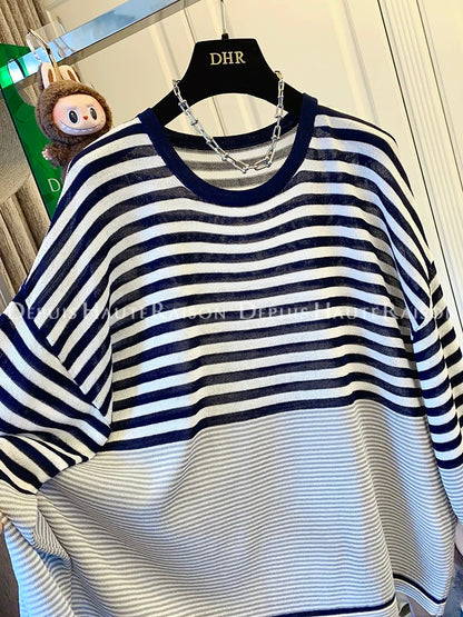 DHR design temperament striped ice linen long-sleeved sweater sunscreen cardigan loose large version thin top summer wear