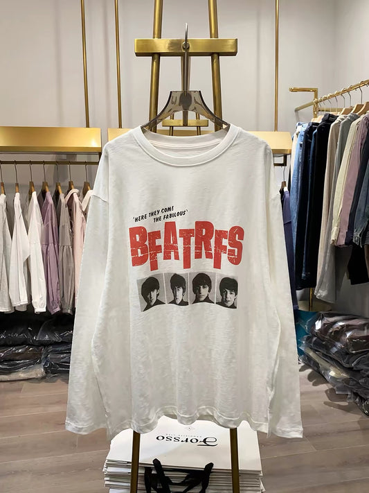 [Real-life photos from Xiao Ai's shop] Loose-fit, long-sleeved printed top—effortlessly chic, versatile, and casual with an American vintage vibe.