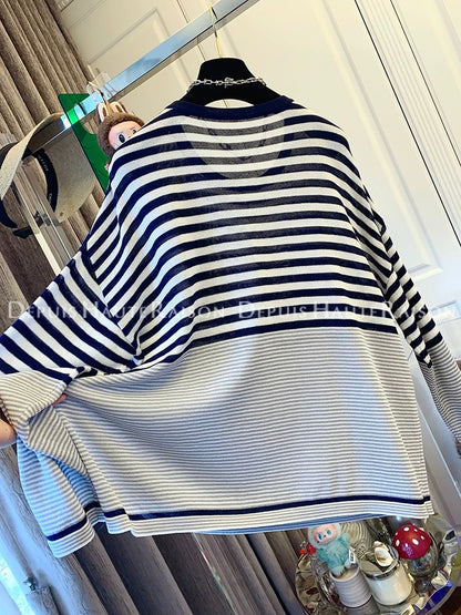 DHR design temperament striped ice linen long-sleeved sweater sunscreen cardigan loose large version thin top summer wear