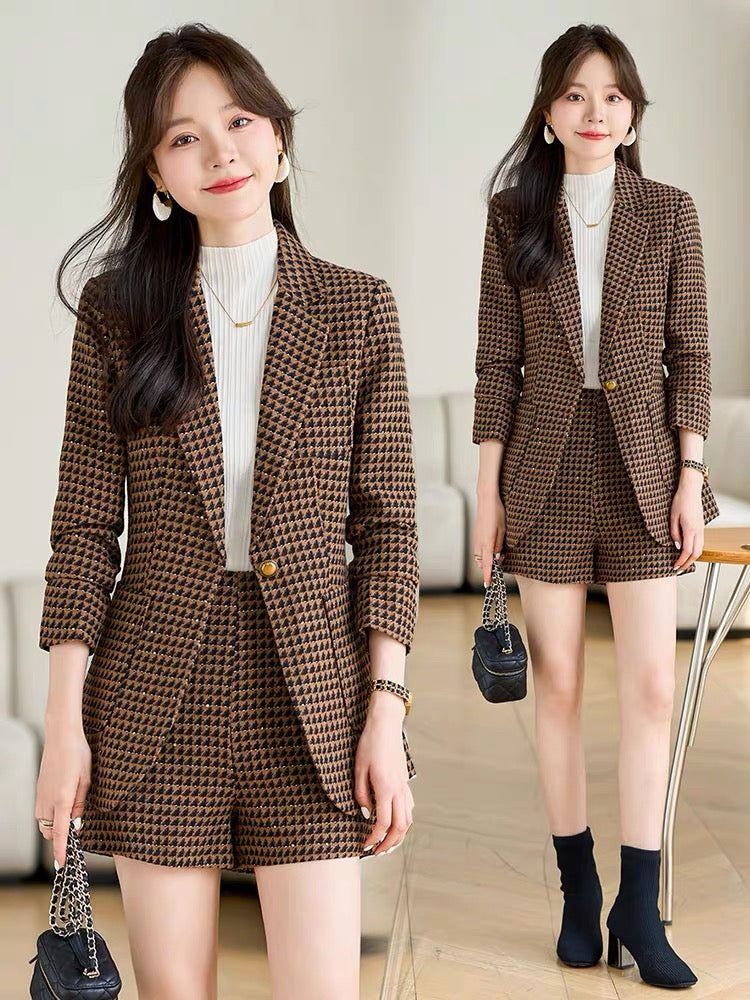 Houndstooth suit for women 2024 new autumn clothing small business suit wool suit shorts two-piece set