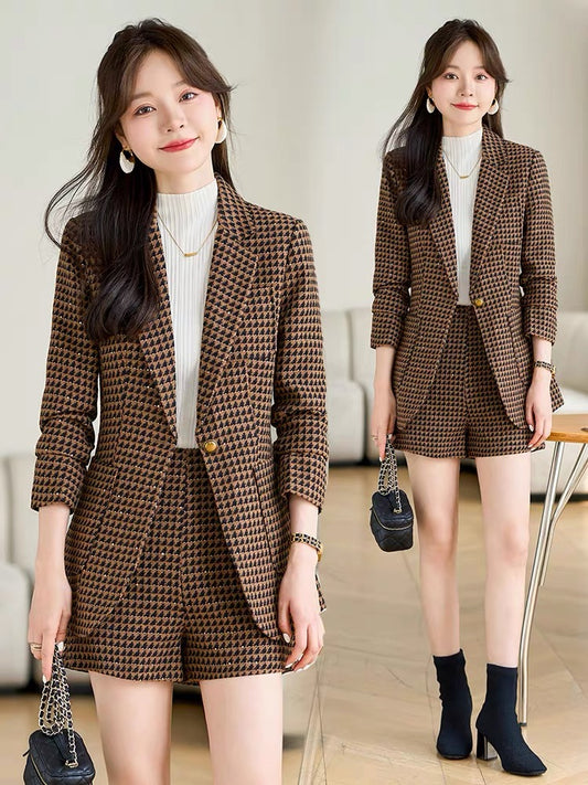 Houndstooth suit for women 2024 new autumn clothing small business suit wool suit shorts two-piece set