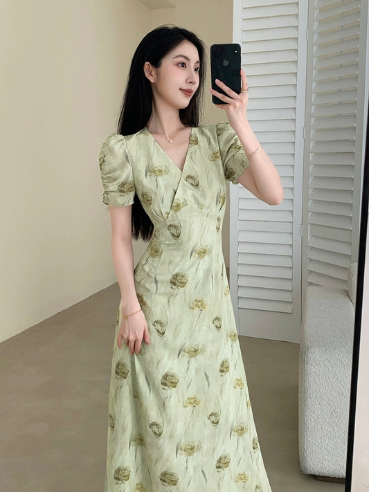 FT GUOGE green floral dress for women 2024 summer new style French slim and gentle style V-neck long skirt
