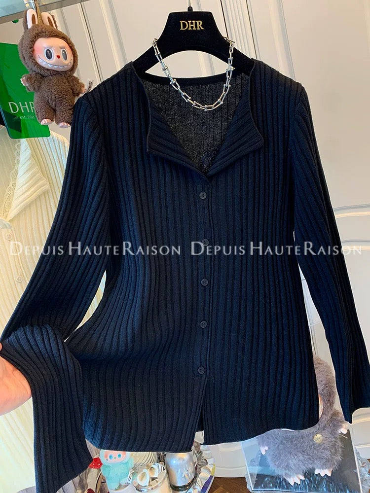 DHR French style lace lapel fake two-piece knit sweater bottoming shirt loose top women's autumn and winter new
