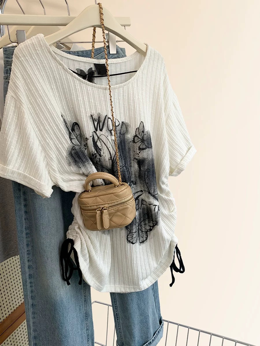 American retro butterfly print short-sleeved T-shirt for women in summer 2025 new design niche shoulder loose top