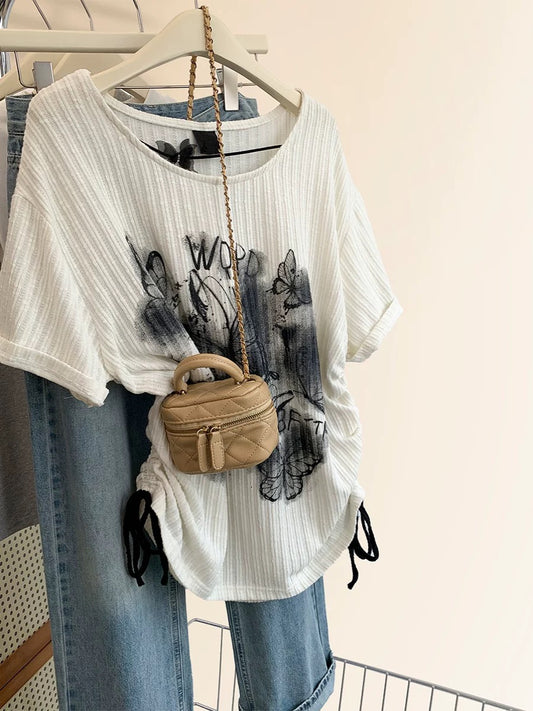 American retro butterfly print short-sleeved T-shirt for women in summer 2025 new design niche shoulder loose top