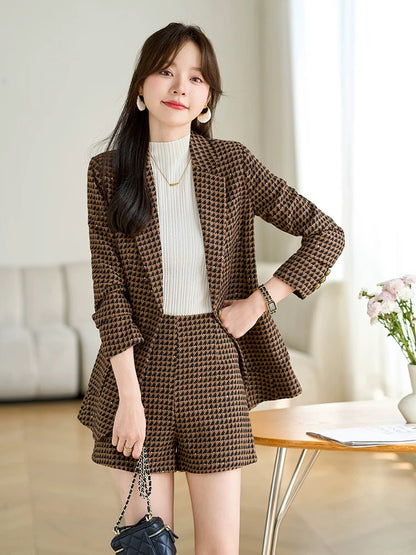 Houndstooth suit for women 2024 new autumn clothing small business suit wool suit shorts two-piece set